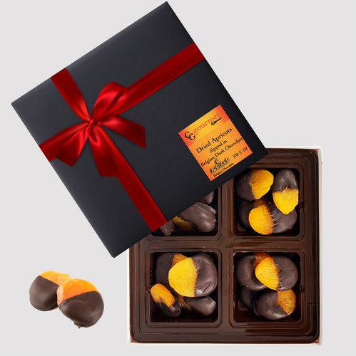 Gift Box of Belgian Dark Chocolate Dipped Dried Apricots, 5 OZ