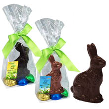 Load image into Gallery viewer, Easter Gourmet Chocolate Bunny Gift Bags | 4-pack Milk and Dark | 3D, with 4 Chocolate Eggs each | Gift Bag - 3 in tall